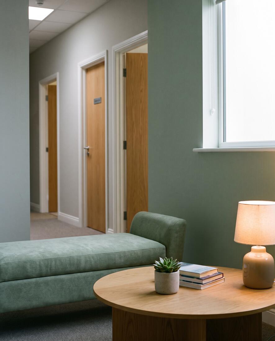 A calm waiting area in a small counselling practice